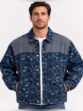 Rich & Rotten Men’s 3XL Paisley print Denim jean Jacket Blue Two-Tone Streetwear